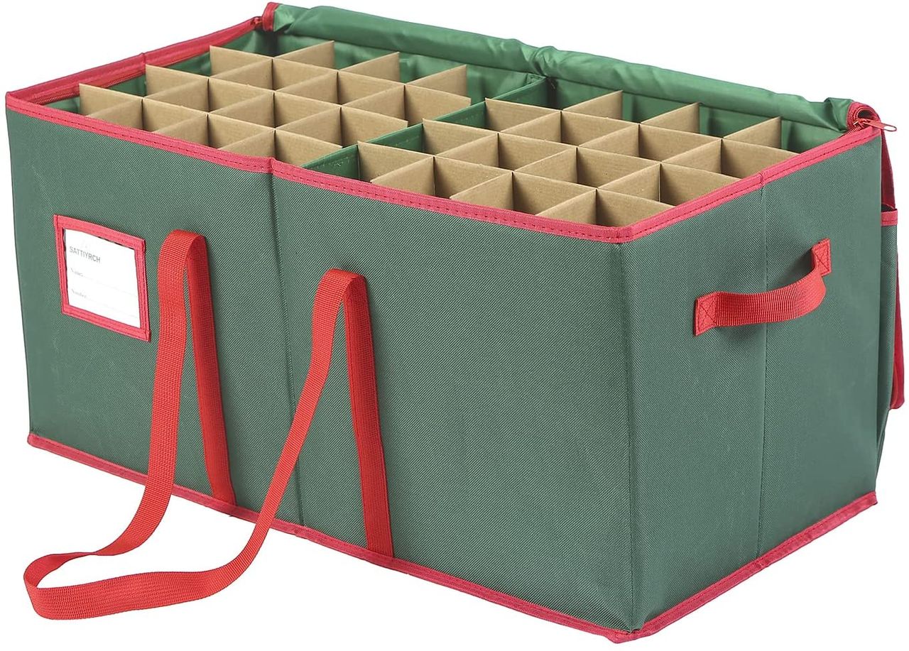 Green and red decorative storage box with long handles