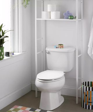 White minimalist shelf over the toilet in a bathroom