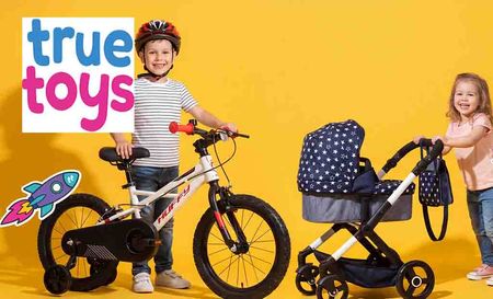 true toys logo top left with two kids with bike and push pram