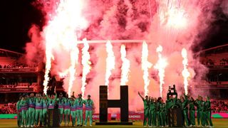 A general view as players of Oval Invincibles Men celebrate with The Hundred Men&#039;s Champions Trophy as the Southern Brave Women celebrate with The Hundred Women&#039;s Champions Trophy