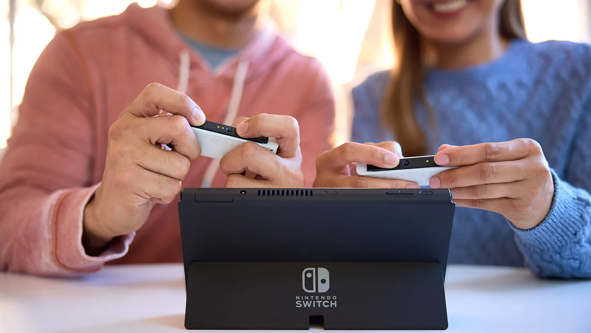 Nintendo Switch Oled Kickstand Out Tabletop Mode