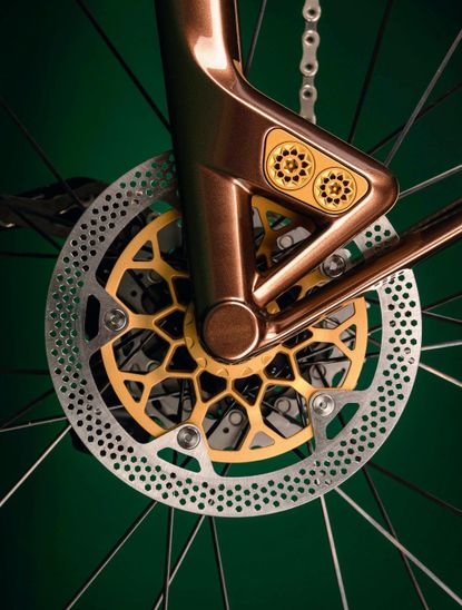 Right: In a world first, the bike makes use of integrated aluminium brake calipers