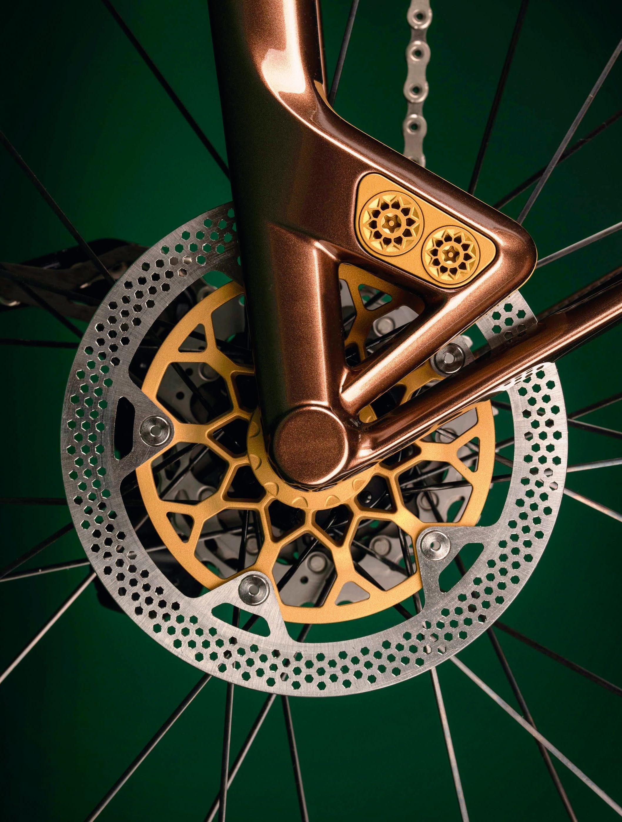 Right: In a world first, the bike makes use of integrated aluminium brake calipers
