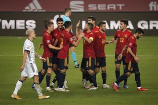 Spain players celebrate their fourth goal in a 6-0 win over Germany in the UEFA Nations League in November 2020.
