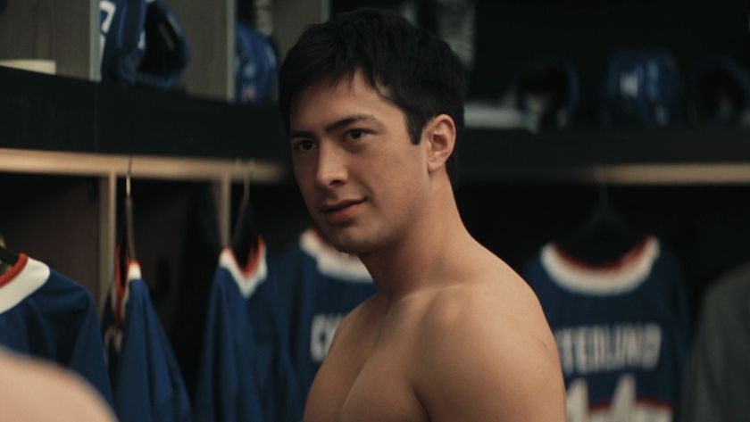 Shane shirtless in the locker room in Heated Rivalry episode 1