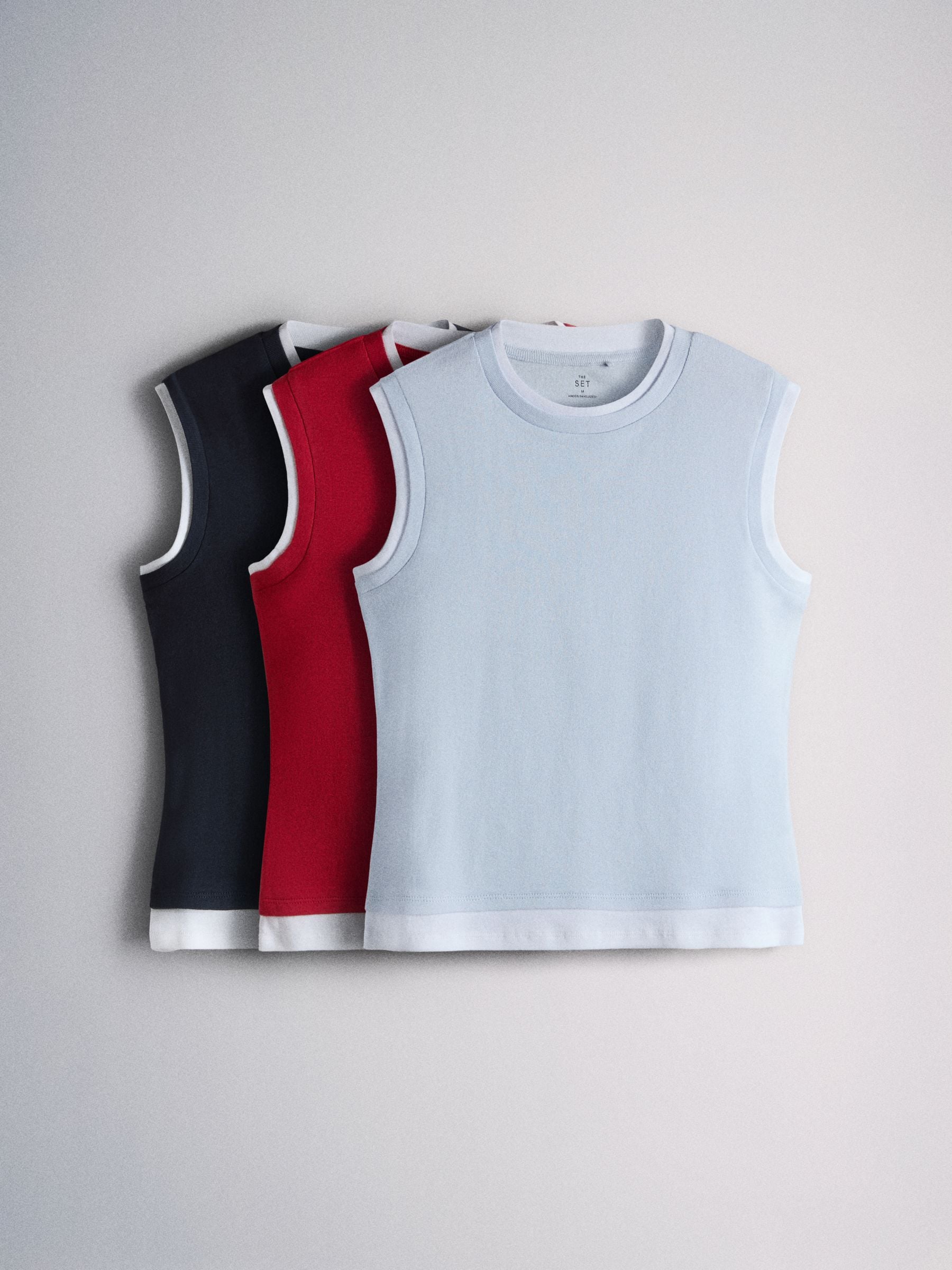 The Set 3 Pack Mock Layer Semi Sheer Soft Touch Vests Navy Blue/light Blue/red - Size X-Small