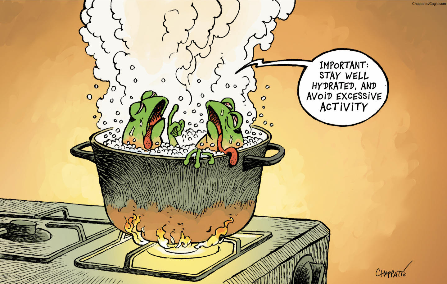 Two frogs are being boiled alive in a pot of water on a gas-fired stove. One says, &amp;ldquo;Important: stay well hydrated, and avoid excessive activity.&amp;rdquo;