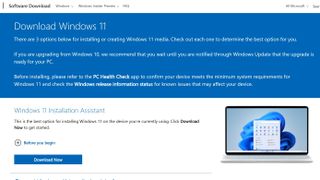 Kuvakaappaus Windows 11:n lataussivusta