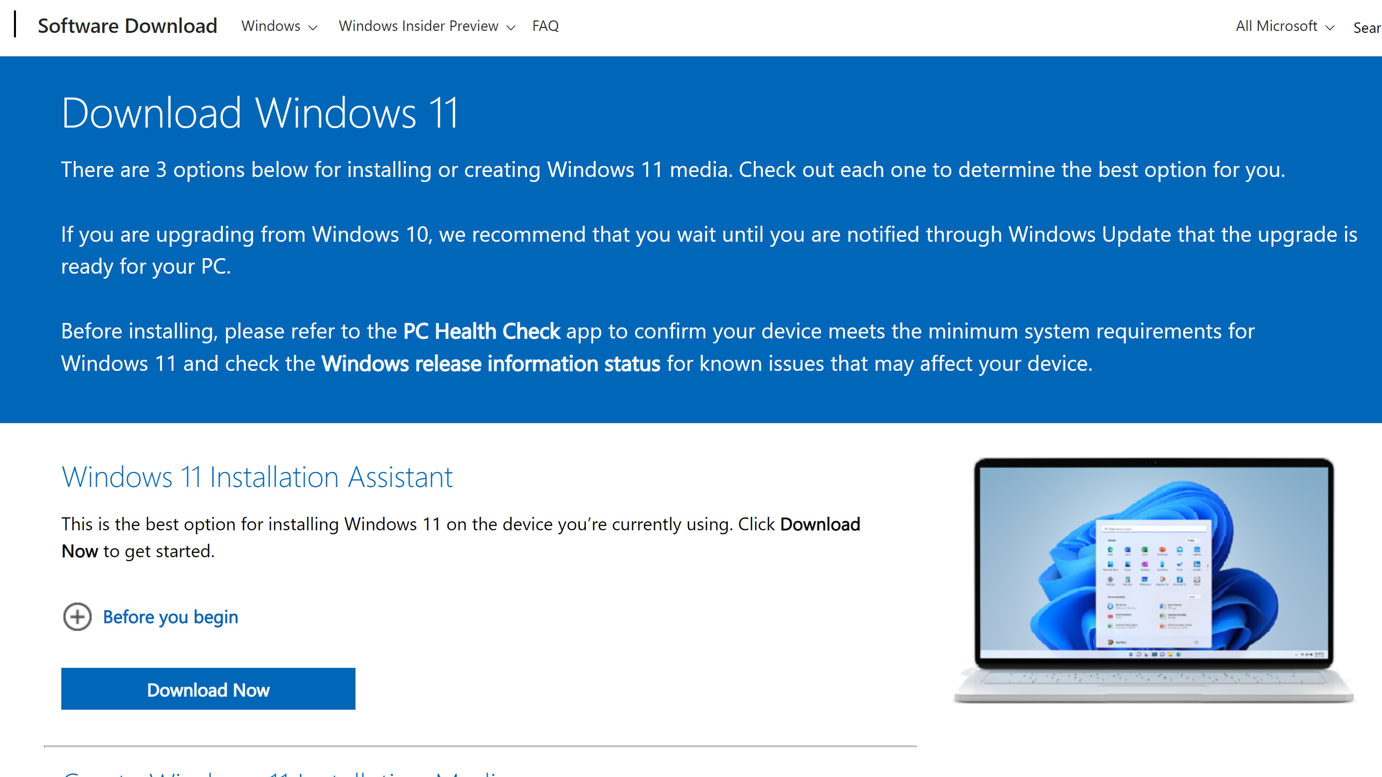 Screenshot of Windows 11 downloads page