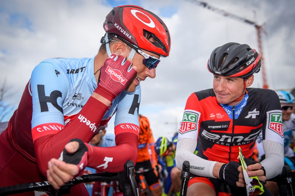 Nils Politt and Tom Bohli talk before the start of the Handzame Classic