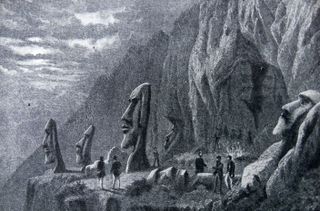 An old drawing showing the maoi on Easter Island with people looking at them