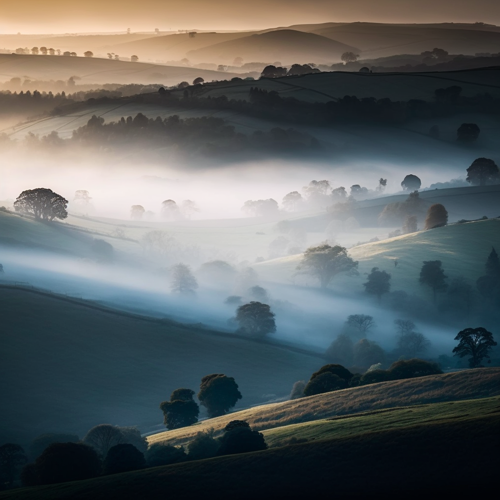 ai generated image with word prompts of hyper realistic photo of rolling hills in England covered in mist at sunrise, Sony telephoto lens