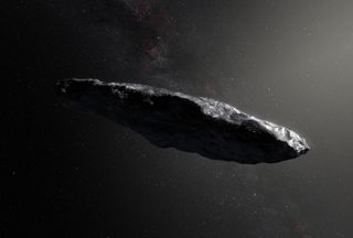 An illustration of 'Oumuamua, our solar system's first observed interstellar visitor. Breakthrough Listen was unable to find evidence of extraterrestrial life aboard the rocky traveler.