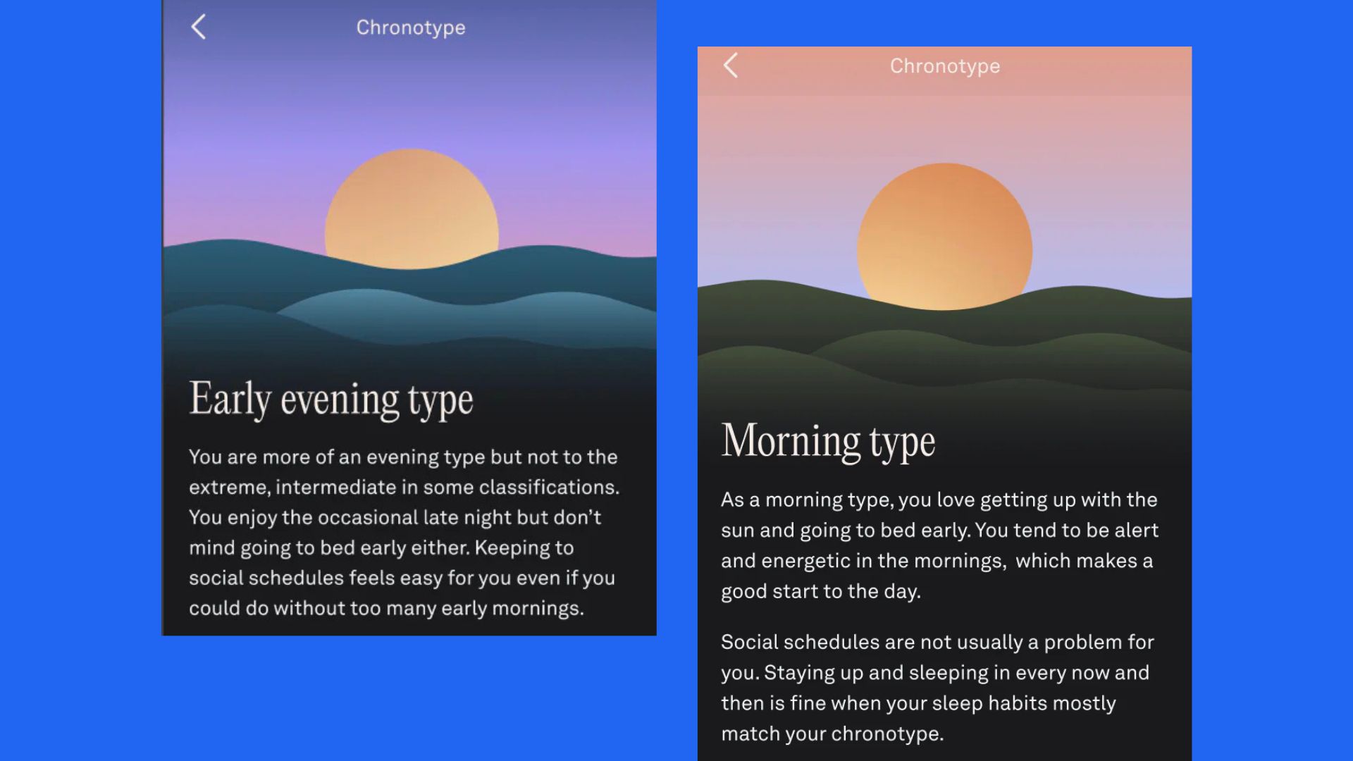 The Oura Ring 5 app displaying two different sleep chronotypes.