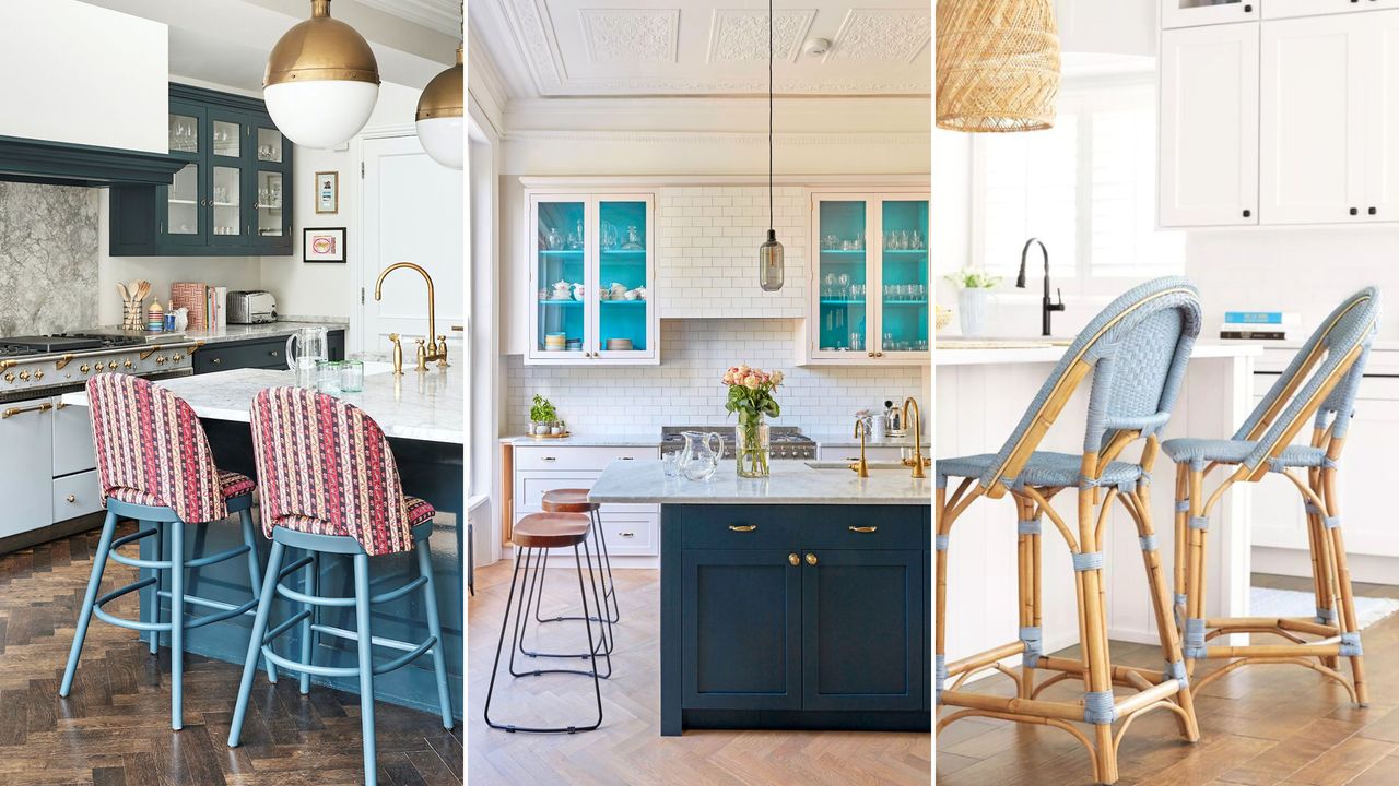 Coastal kitchen island ideas are so chic. Here are three of these - a marble island with red and blue chairs and dark blue cabinets, a marble and dark blue island in a white kitchen with blue cabinets, and two light blue rattan chairs next to a white kitchen island in a white kitchen