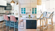 Coastal kitchen island ideas are so chic. Here are three of these - a marble island with red and blue chairs, a marble and dark blue island in a white kitchen, and two light blue rattan chairs in a white kitchen