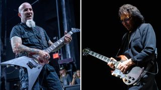 Scott Ian of Anthrax plays a Floyd-equipped Jackson King V [left[ while Tony Iommi plays his JayDee custom SG.
