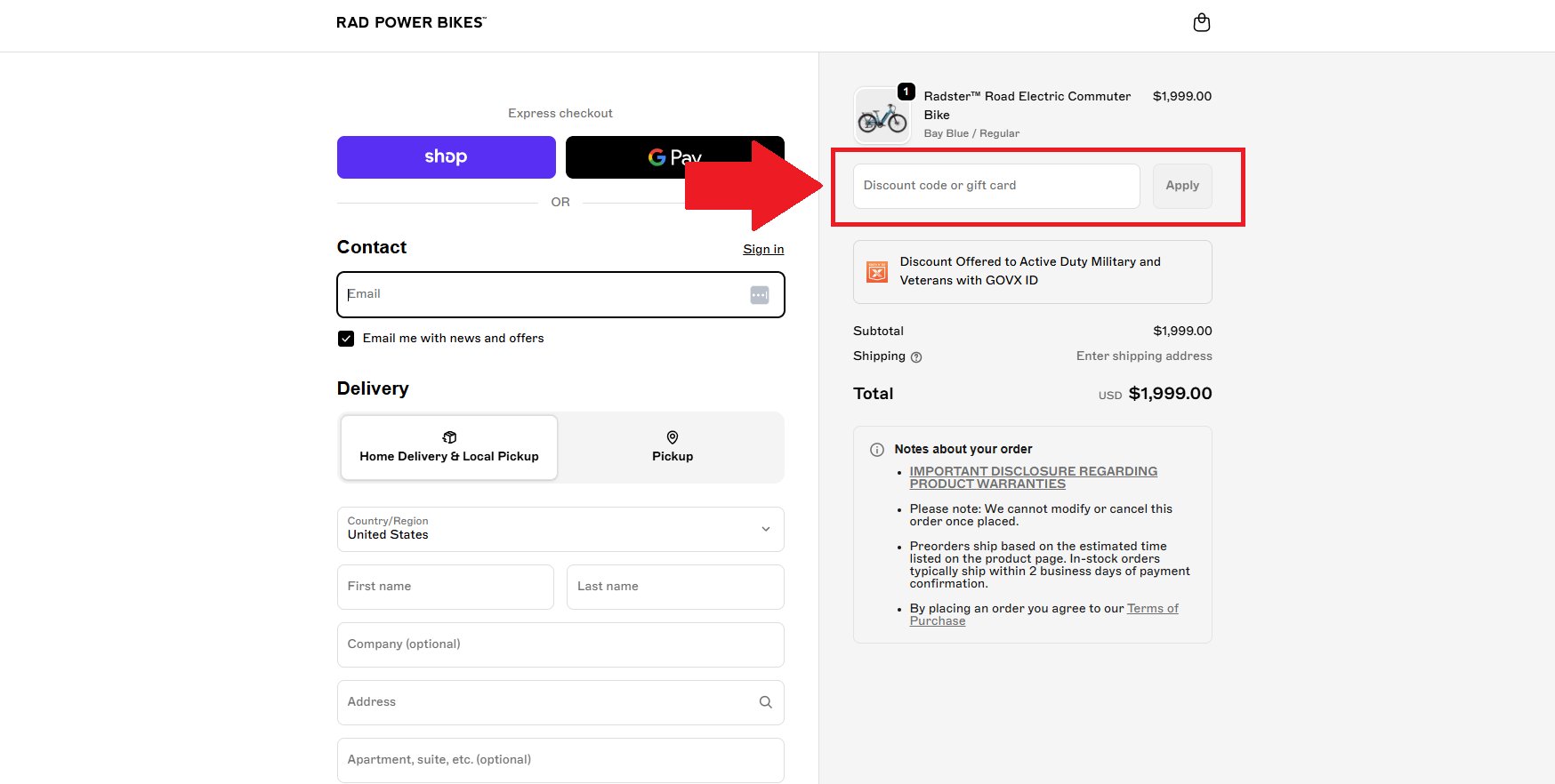A screenshot showing the rad power bikes checkout page and where to enter a rad power bikes promo code