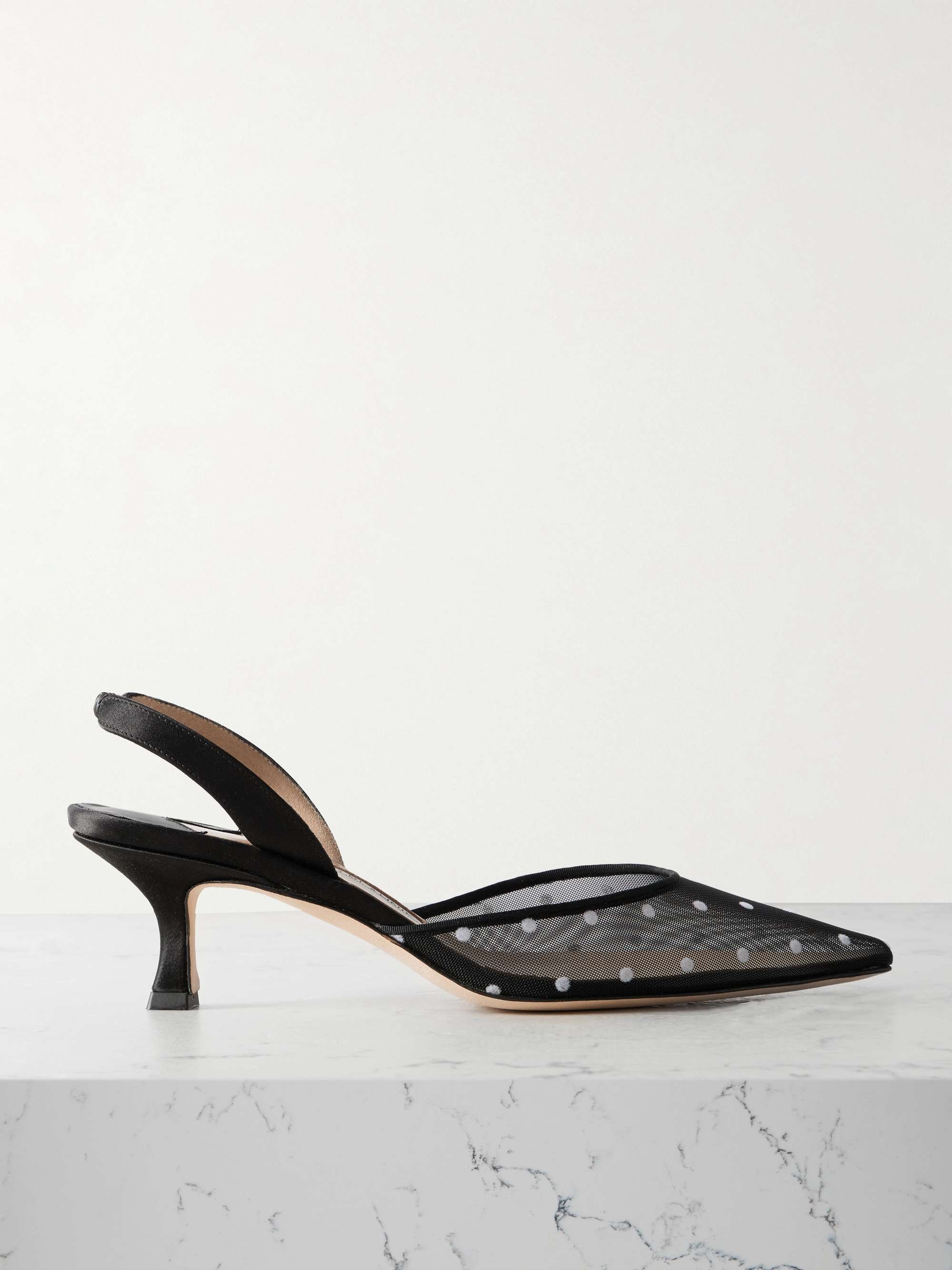 Carolyne 50 Polka-Dot Flocked Mesh and Satin Slingback Pumps