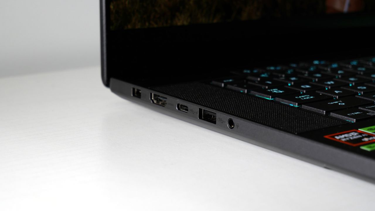 Close up on the ports on the left side of the Asus ROG Zephyrus G16 (Ryzen AI 9), which include an HDMI, USB Type-C, USB Type-A, and a headphone jack