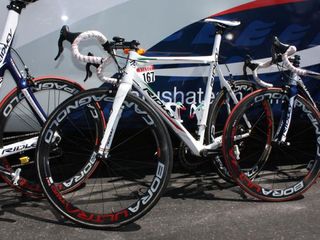 Katusha team sponsor Ridley has provided Filippo Pozzato with this special white, red and green Damocles Pi with custom geometry.