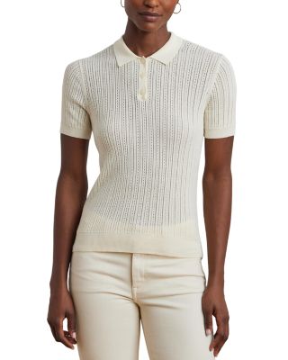 Pointelle Knit Cotton Blend Polo Sweater