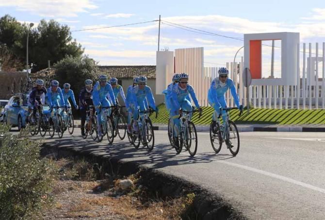 The Astana team ride in the foothills around Alicante