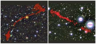 The two giant radio galaxies found with the MeerKAT telescope. In the background is the sky as seen in optical light. Overlaid in red is the radio light from the enormous radio galaxies, as seen by MeerKAT.