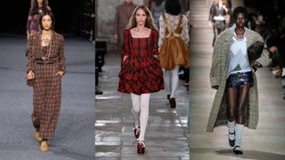 A composite of models on the runway showing winter 2022 fashion trends checks
