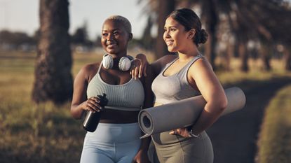 Workouts on a mini trampoline: Two woman ready to try a trampolining workout