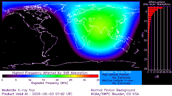 map showing strong radio blackouts on the sunlit portion of Earth at the time of the eruption.