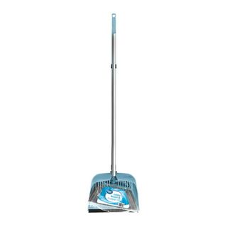 A ong handled broom with a light blue dustbin