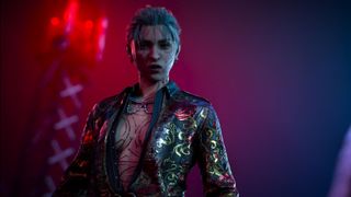 Femme Phyre with intricate scars and grey hair wearing one of the unique outfits in Bloodlines 2. It's black with gold and red rose detailing.