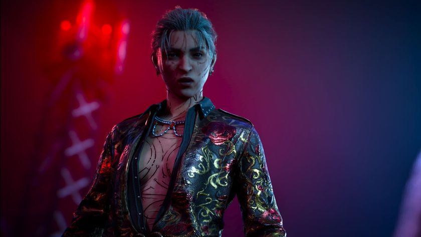 Femme Phyre with intricate scars and grey hair wearing one of the unique outfits in Bloodlines 2. It&#039;s black with gold and red rose detailing. 