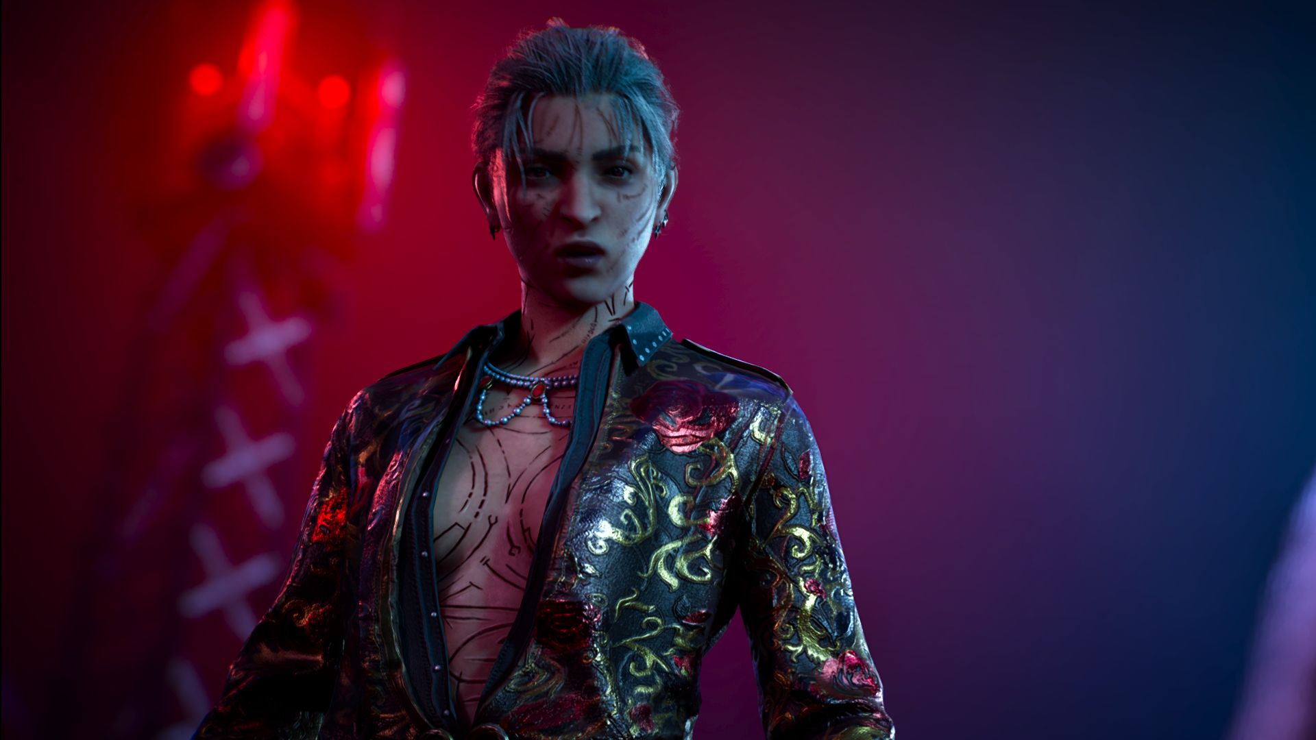 Femme Phyre with intricate scars and grey hair wearing one of the unique outfits in Bloodlines 2. It&#039;s black with gold and red rose detailing. 