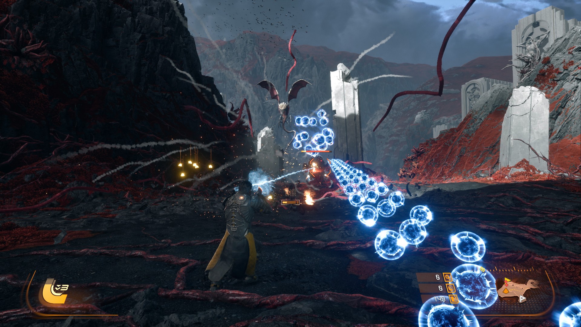 Arjun blasts at a group of enemies as a line of blue orb bullets whizzes past him in Saros