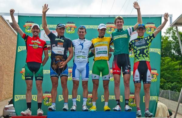 The final men's podium: Freewheel Bike Most Aggressive Timothy Rugg (NVGP Pro Ride), Wheaties Fuel Top Sprinter Robert Forster (United Healthcare Pro Cycling), Tria Best Young Rider Josephy Schmalz (Elbowz Racing), Nature Valley Race Winner Jesse Anthony (Kelly Benefit Strategies-OptumHealth), Nature Valley Top Amateur Chad Haga (Team Rio Grande), Sport Beans King of the Hill Kyle Wamsley (Bissel Pro Cycling)
