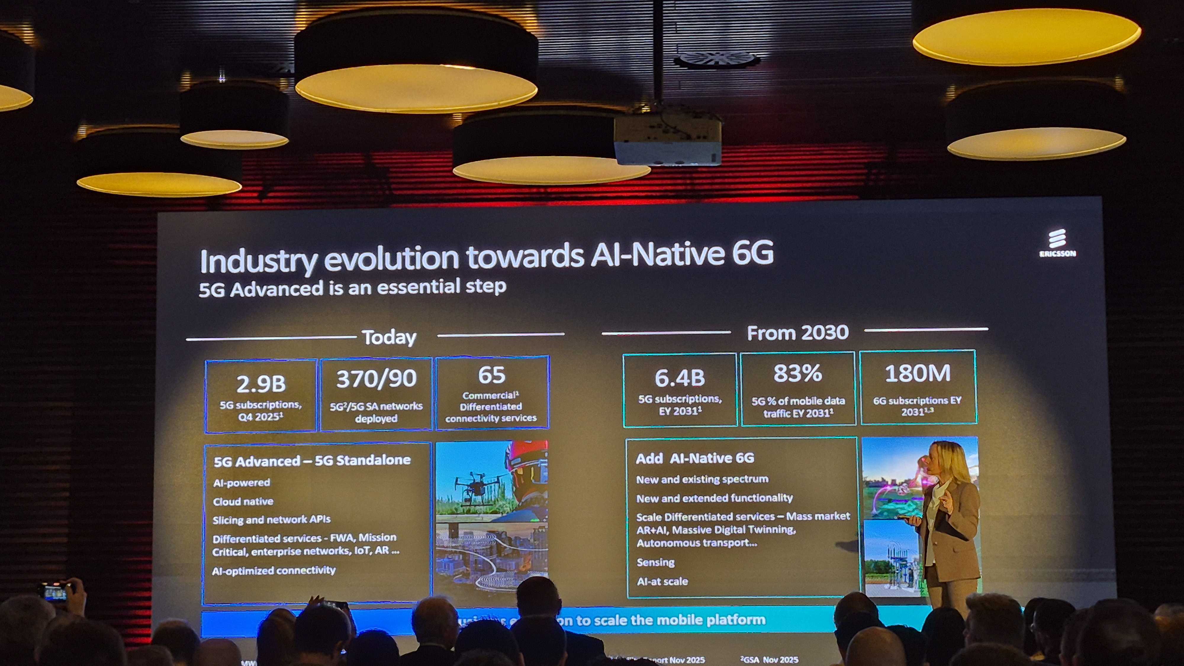 Marie Hogan, head of Ericsson's 6G operations, pictured during a keynote presentation at MWC 2026 in Barcelona, Spain.