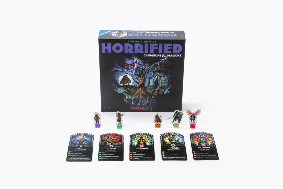 Horrified: Dungeons &amp; Dragons - Ravenloft box, tokens, and cards laid out on a plain background