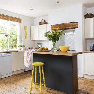 kitchen with white wall and yellow coloured stool