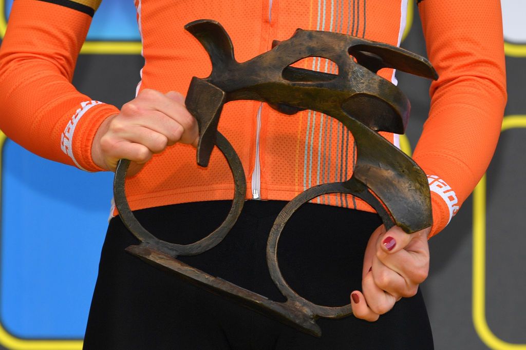 OUDENAARDE, BELGIUM - APRIL 01: Podium / Illustration Anna Van Der Breggen of The Netherlands and Boels - Dolmans Cycling Team / Trophy / Celebration / during the 15th Tour of Flanders 2018 - Ronde Van Vlaanderen a 150,9km women's race from Oudenaarde to Oudenaarde on April 1, 2018 in Oudenaarde, Belgium. (Photo by Luc Claessen/Getty Images)