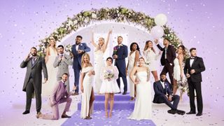 Cast members from Season 11 of Married At First Sight Australia dressed in their best wedding outfits and in various poses in a shower of confetti
