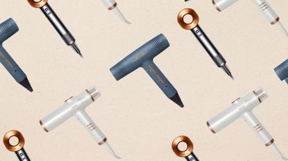 Collage of three of the quietest hair dryers from Beauty Works, mdlondon and Dyson, set at an angle in a repeated pattern against a beige backdrop