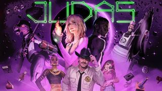 Judas key art of multiple characters posing on purple lighting