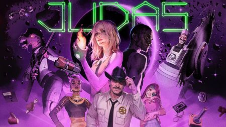 Judas key art of multiple characters posing on purple lighting