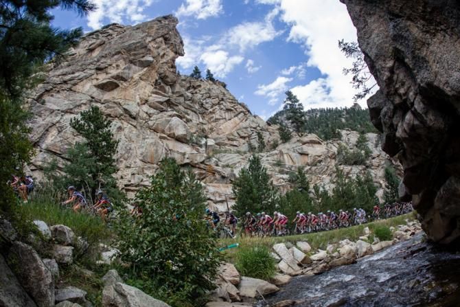 The peloton heads through Big Thompson Canyon.