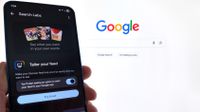 A phone with Google Discover's AI Tailor your Search option in front of the Google logo