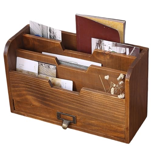 Letter Rack Wooden 3 Compartment Letter Holder With Drawer Brown Desktop Organiser for File Folders Mails Envelopes