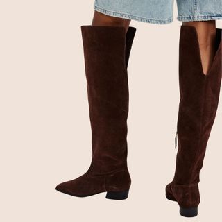 Flat lay image of brown knee high boots