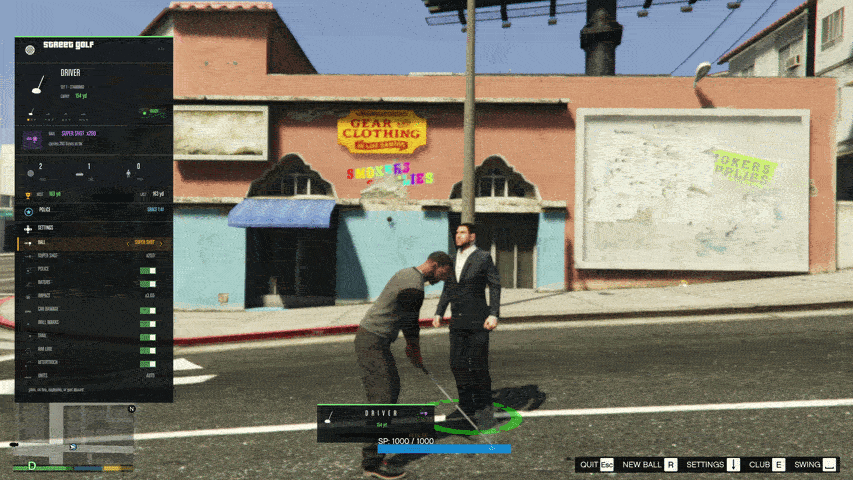 Franklin sends his bodyguard flying with a golf club.